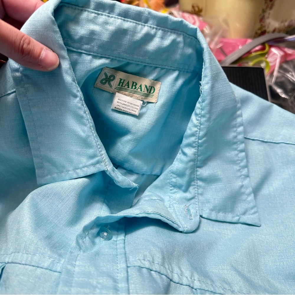 Men's vintage Haband button-up short sleeve shirt (Large) Baby Blue color